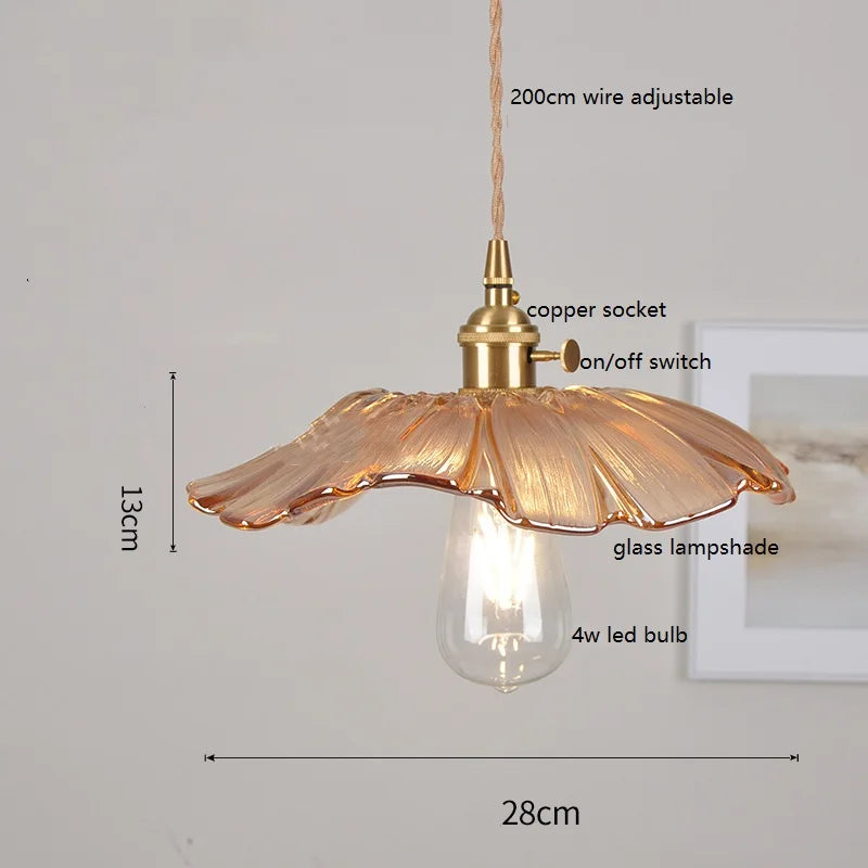 Vintage copper pendant lamp with textured floral glass shade