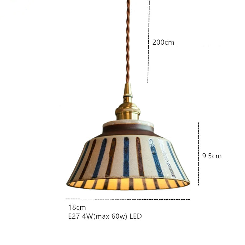 Ceramic pendant light with hand-painted striped pattern
