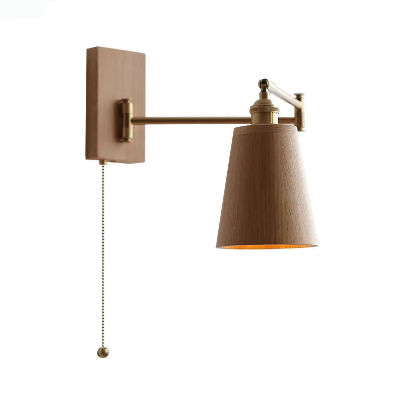 Nordic wall lamp made of ash wood with swiveling arm and pull switch