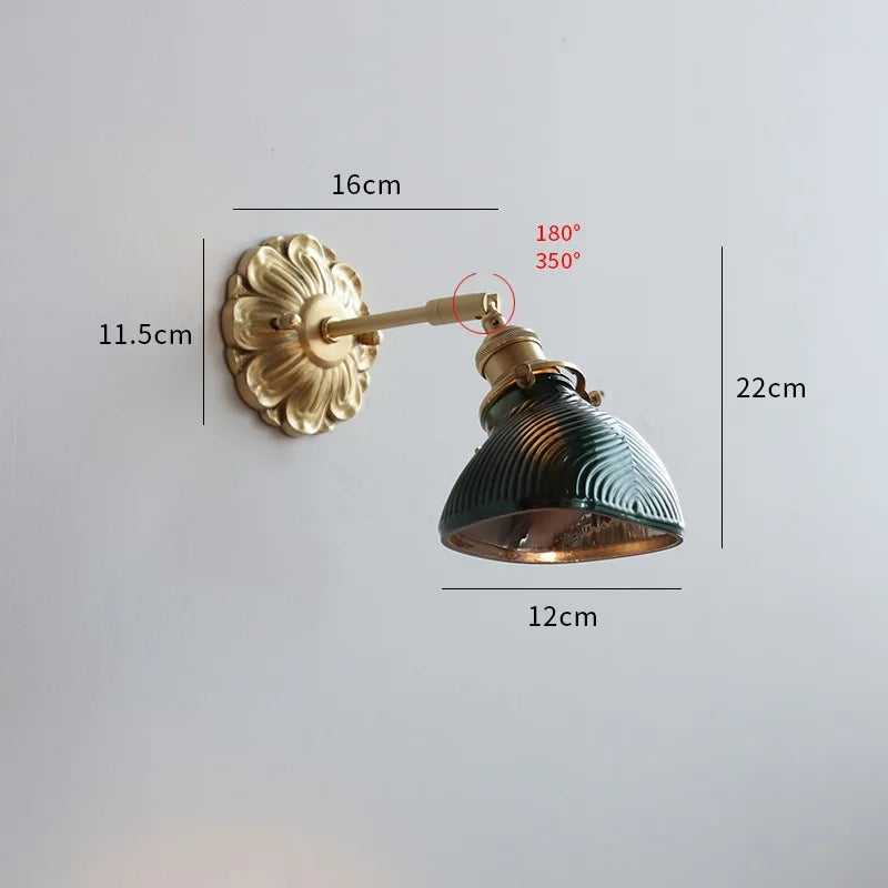 Vintage wall lamp with ribbed colored glass and rotating brass arm