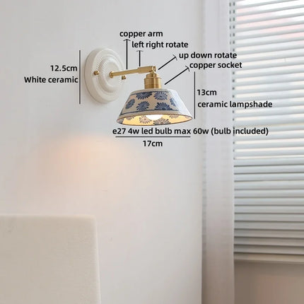 Keramik-Wandleuchte mit floraler Vintage-Schale und flexiblem Kupferarm
