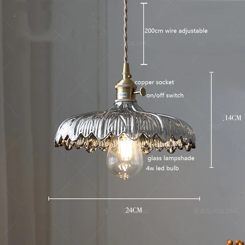 Vintage glass pendant light with silver wavy edge and brass socket