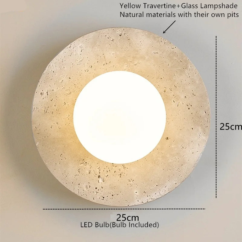 Round travertine wall lamp with soft glass light in vintage style