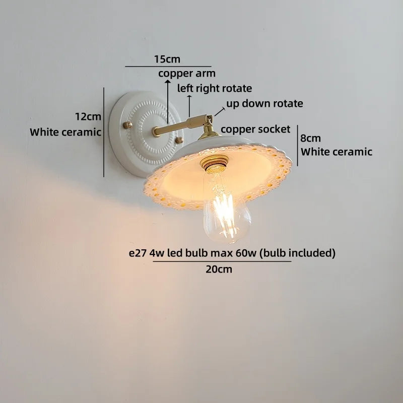 Keramik-Wandleuchte mit breitem Vintage-Tellerschild und flexiblem Kupferarm