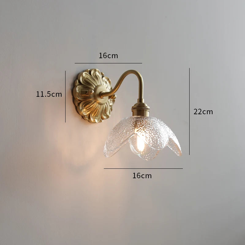 Vintage wall lamp with transparent floral glass and brass