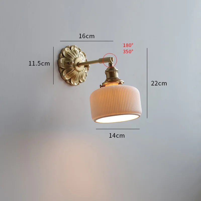 Vintage wall lamp with ribbed opal glass and rotating brass arm