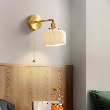 Vintage copper wall lamp with compact ribbed ceramic shade