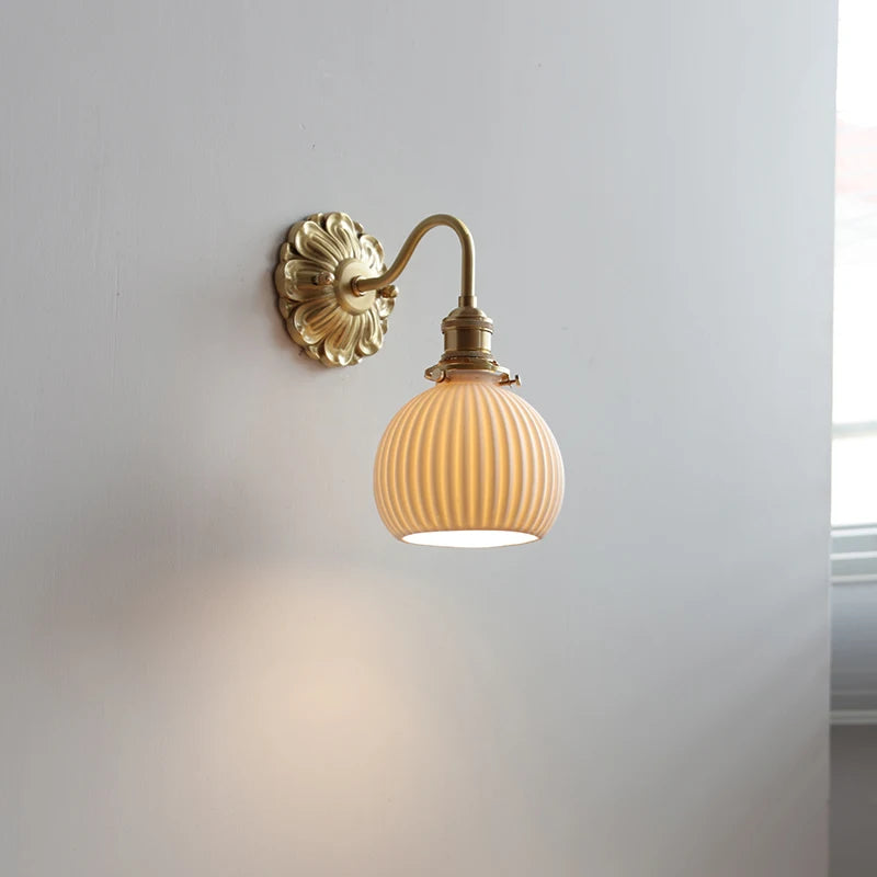 Vintage ceramic wall lamp with ribbed round shade and brass