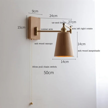 Nordic wall lamp made of ash wood with swiveling arm and pull switch