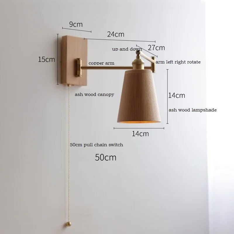 Nordic wall lamp made of ash wood with swiveling arm and pull switch
