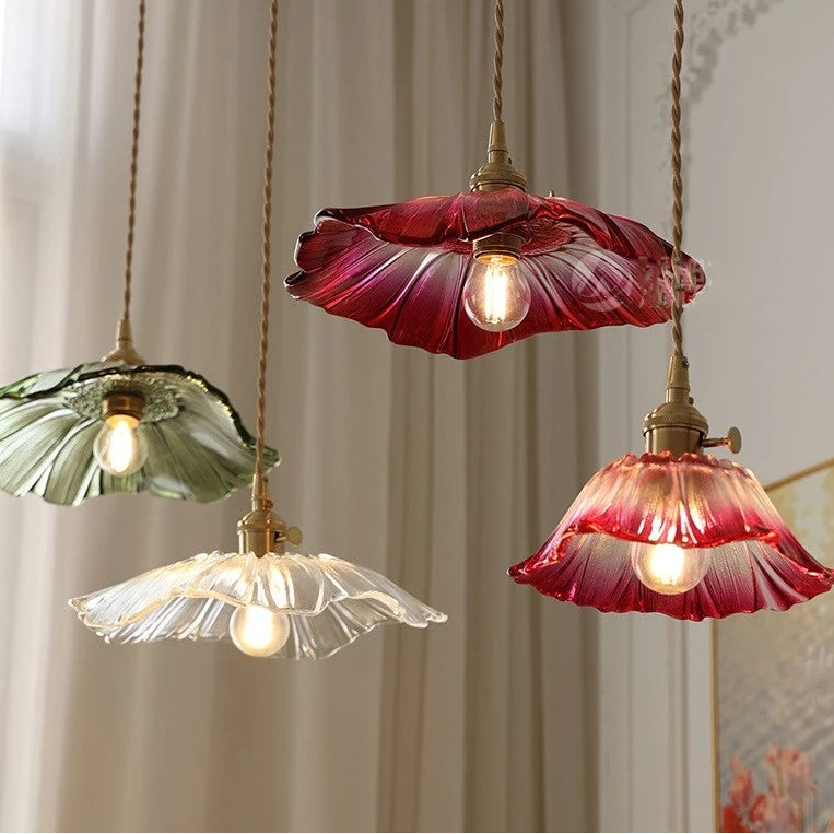 Green vintage glass pendant light with fine wavy edge &amp; brass