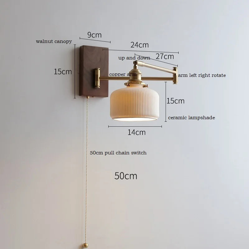 Walnut wall lamp with ceramic shade and swiveling copper arm