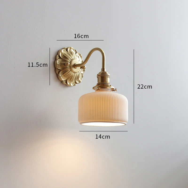 Vintage wall lamp with ribbed ceramic glass and brass arm