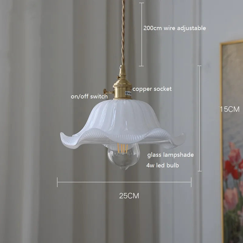 Vintage Hängeleuchte aus Kupfer mit weißem Wellen-Glasschirm