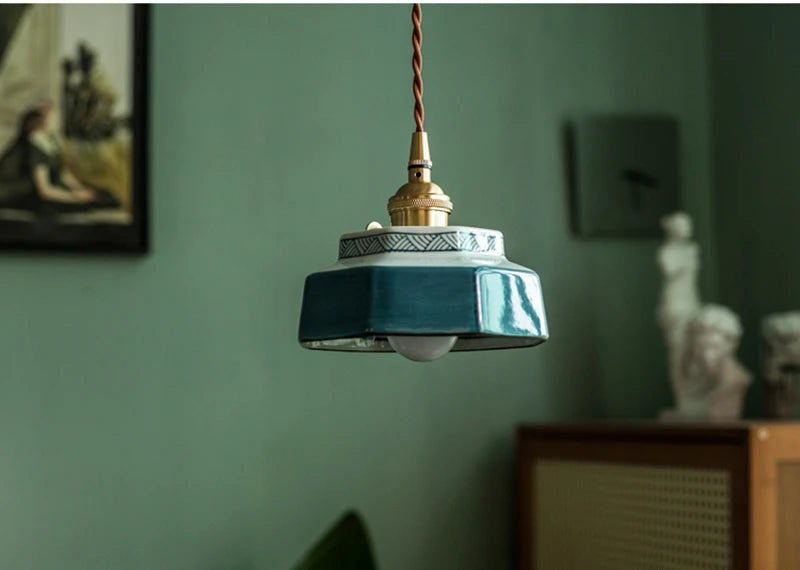 Ceramic pendant light with deep blue vintage shade