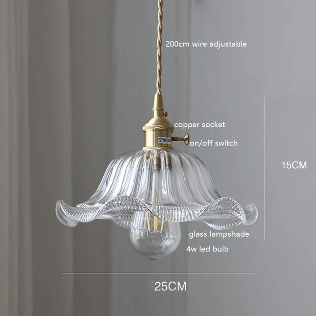 Vintage Hängeleuchte aus Kupfer mit wellenförmigem Glasschirm