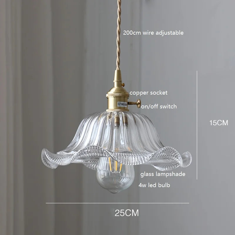 Vintage copper pendant light with a wave-shaped glass shade