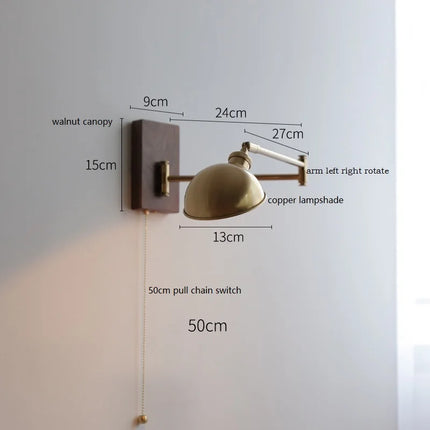 Vintage wall lamp made of walnut wood with swiveling copper arm