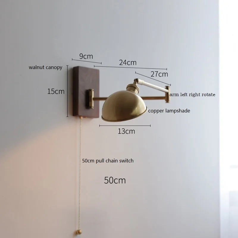 Vintage wall lamp made of walnut wood with swiveling copper arm