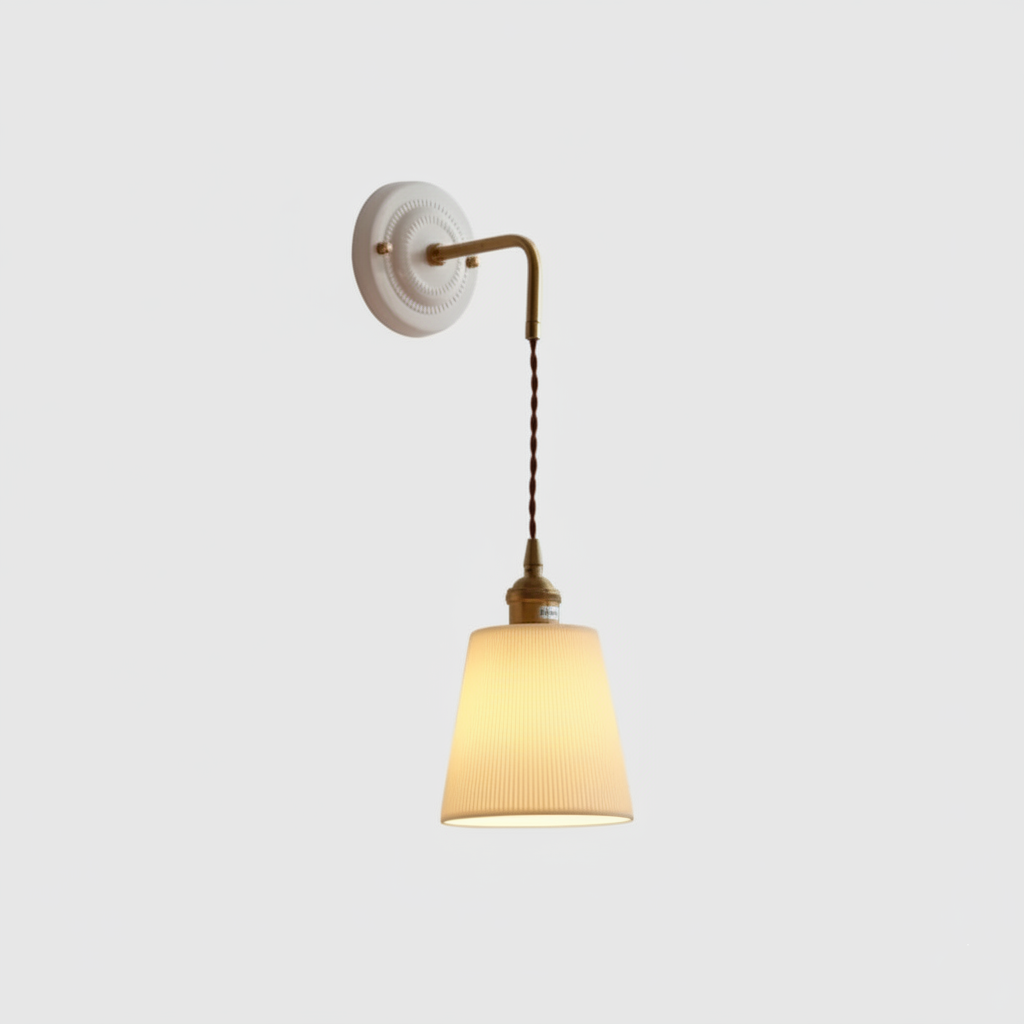 Ceramic wall lamp with tall vintage shade and elegant copper arm