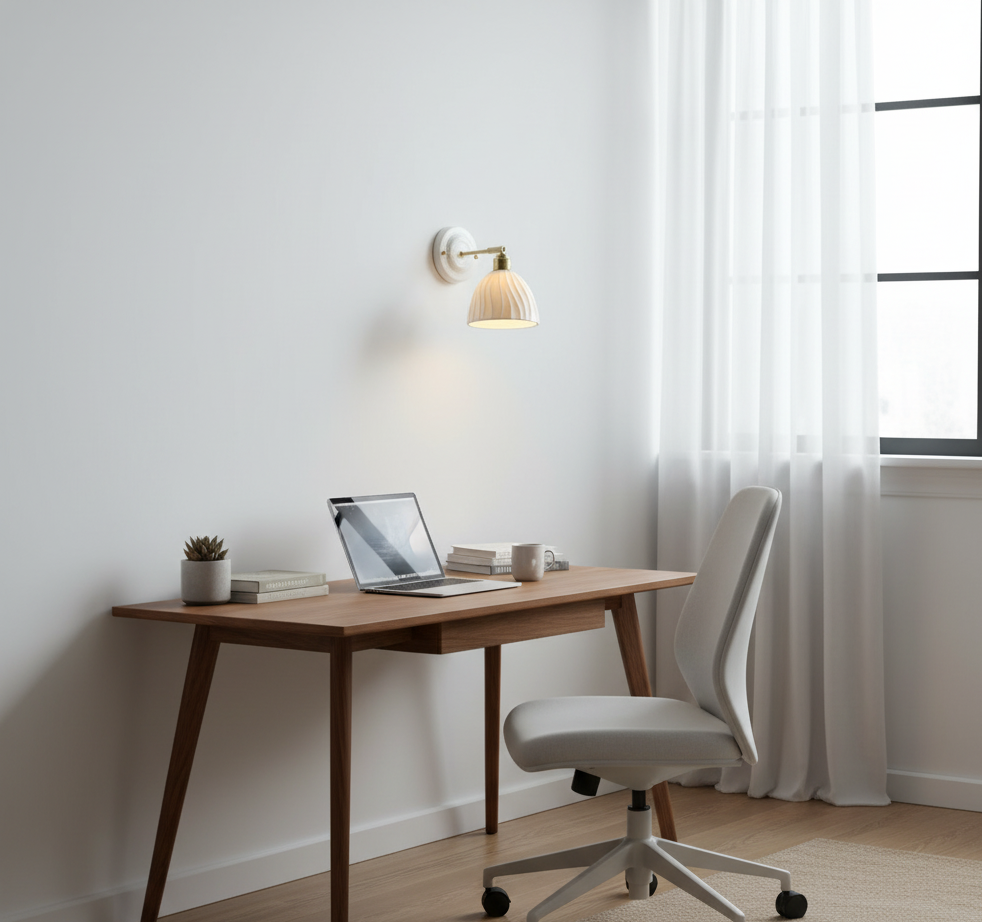 Wall lamp with grooved ceramic shade and brass arm