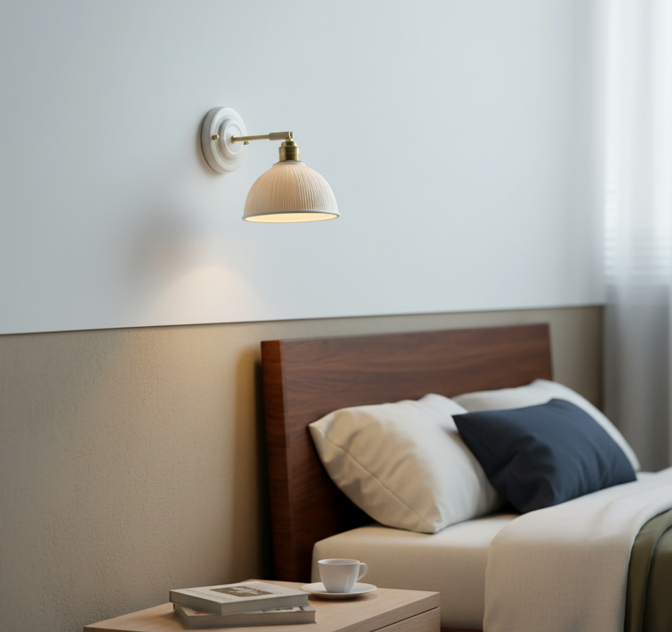 Wall lamp with round grooved ceramic shade and brass arm