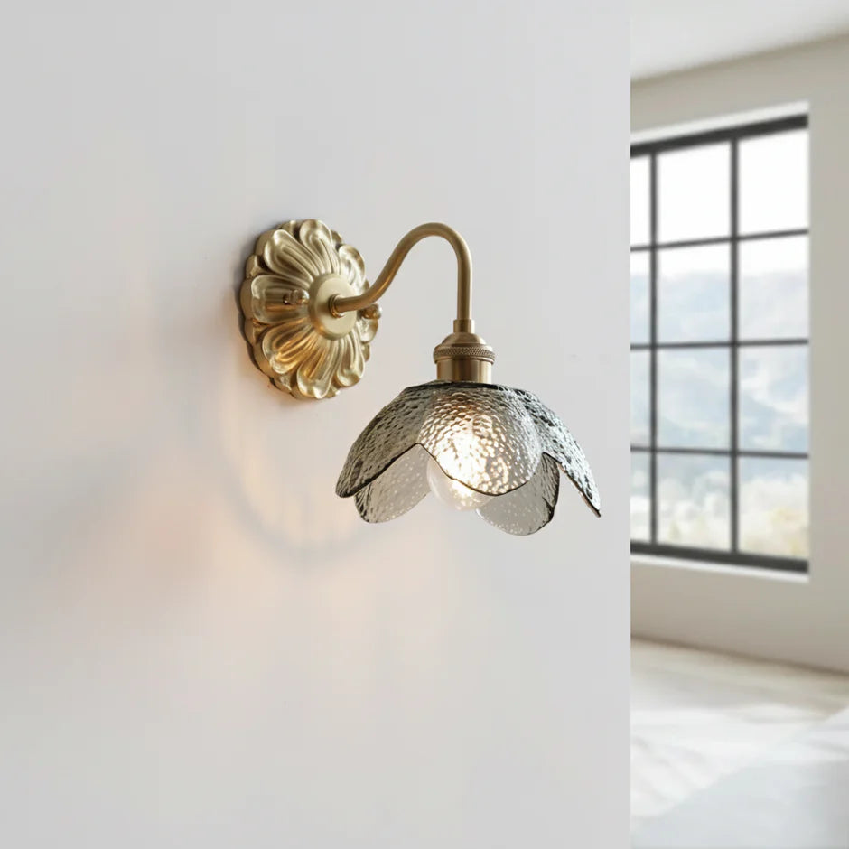 Vintage wall lamp with textured clear glass and brass