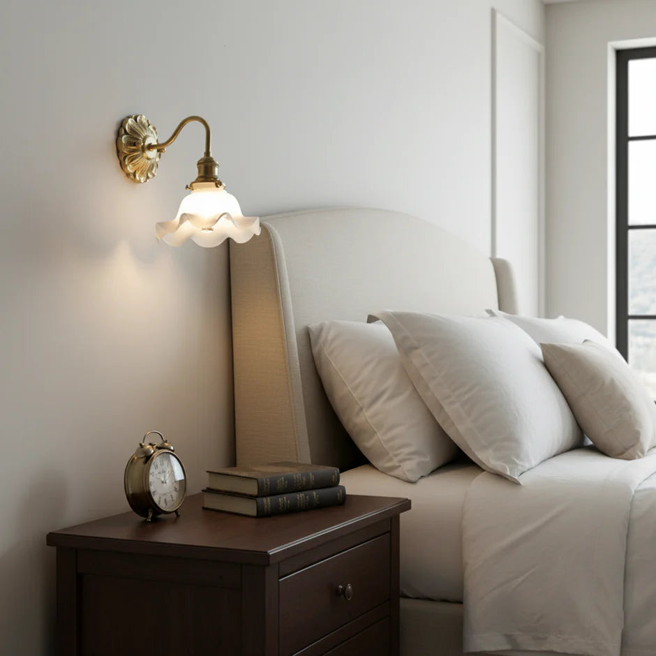 Vintage wall lamp with wavy frosted glass and warm brass arm