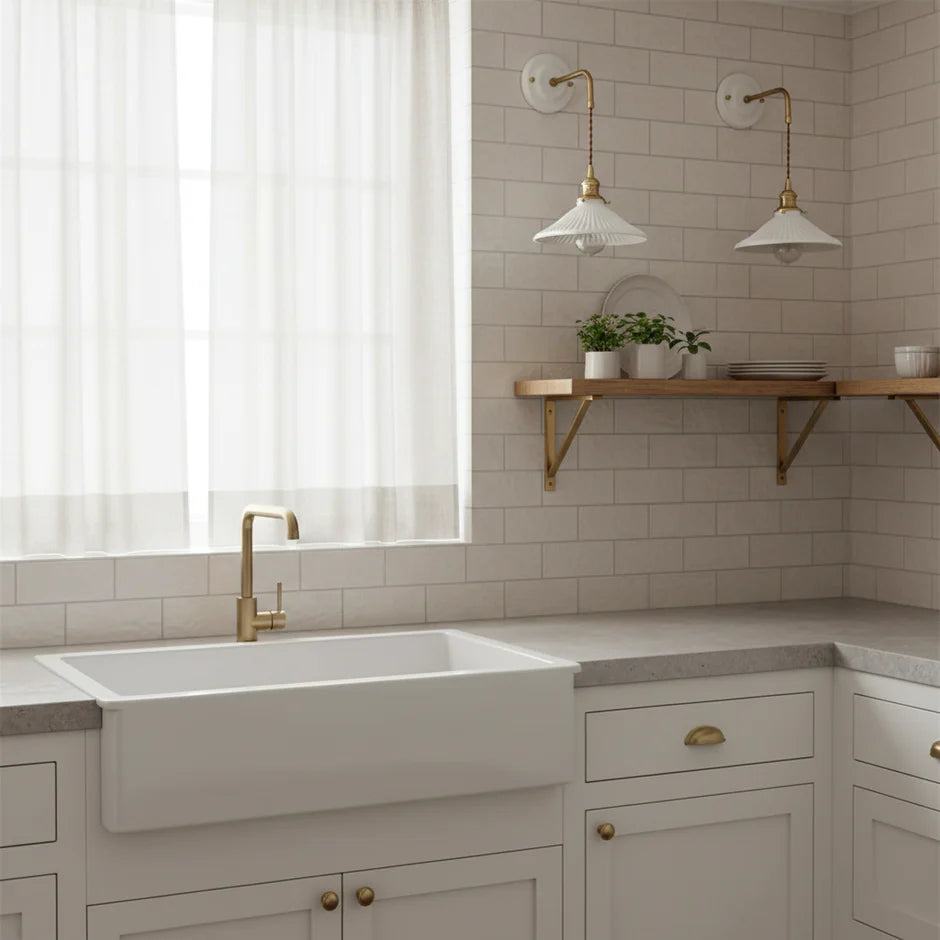 Vintage Keramik-Wandleuchte mit drehbarem Kupferarm