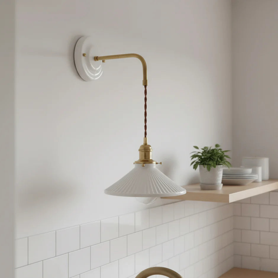 Vintage ceramic wall lamp with rotating copper arm