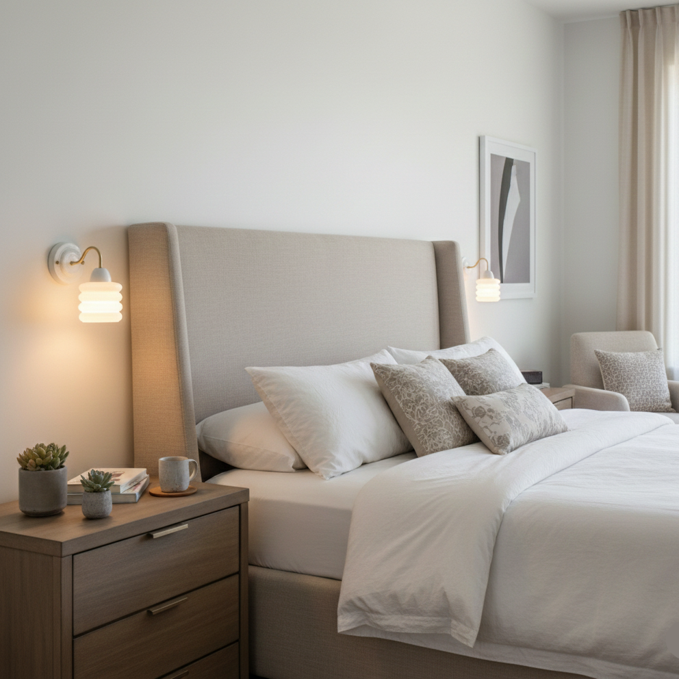 1 Glas-Wandleuchte mit weichem Wellen­schirm und elegant geschwungenem Kupferarm