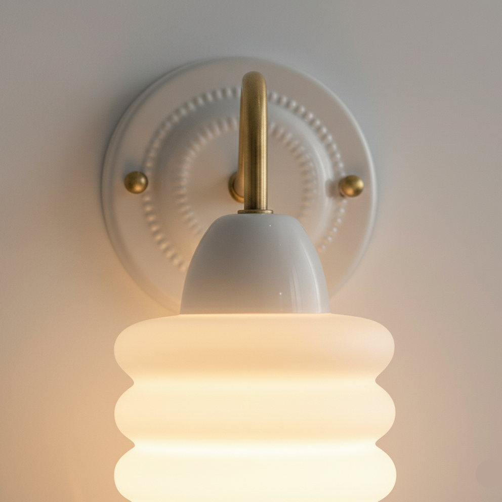 1 Glas-Wandleuchte mit weichem Wellen­schirm und elegant geschwungenem Kupferarm